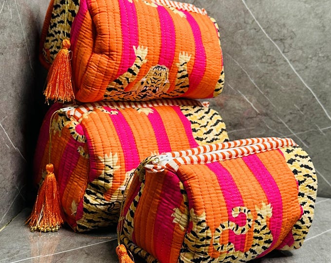 Tiger Print Quilted Makeup Bag Set: Hand Block Cotton Toiletry Kit