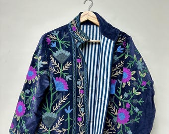 Hand Embroidered Velvet Suzani Jacket Boho Short Coat Bohemian Floral Design Jacket For Unisex Christmas Gift