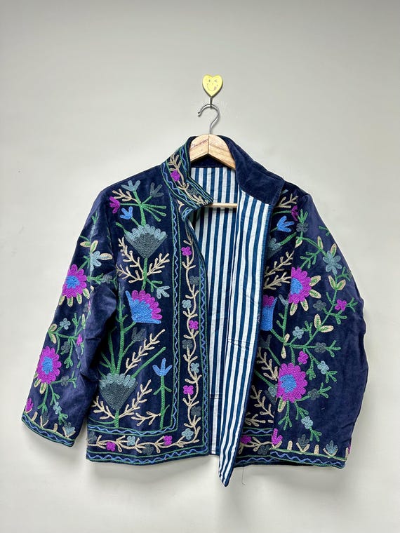 Hand Embroidered Velvet Suzani Jacket Boho Short Coat Bohemian Floral Design Jacket For Unisex Christmas Gift