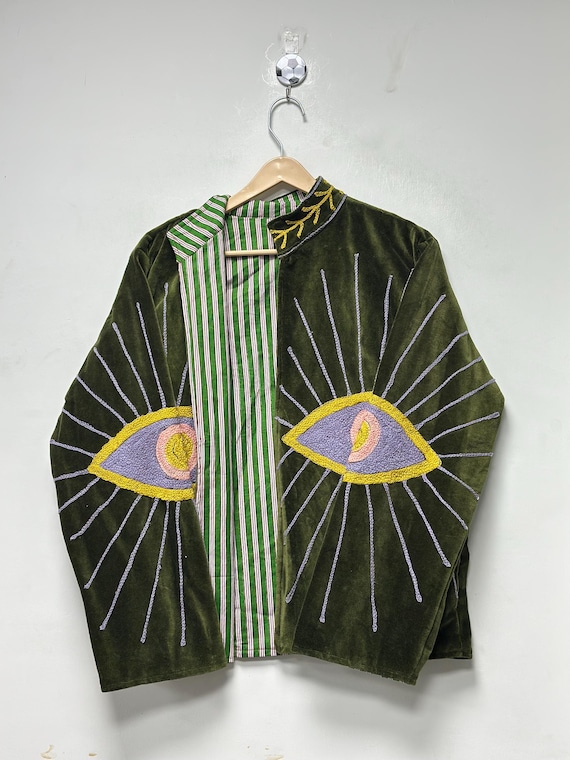 Evil Eye Women's Velvet Suzani Jacket, Handmade Embroidered Bohemian Coat, Halloween Festival Jacket Outwear Fashion Jacket Gift For Her