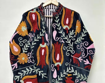 Suzani Embroidery Handmade Jacket Velvet Suzani Jacket Bohemian Floral Design Coat Boho Hippie Jacket One Size Fits All Gift For Unisex