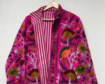 Floral Embroidered Velvet Suzani Jacket Handmade Indian Style Coat Velvet Suzani Jacket  Boho Floral Duster Jacket For Women Jacket