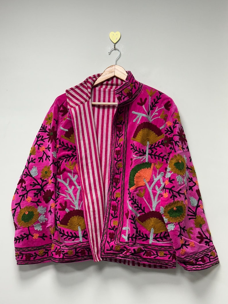 Floral Embroidered Velvet Suzani Jacket Handmade Indian Style Coat Velvet Suzani Jacket Boho Floral Duster Jacket For Women Jacket image 1