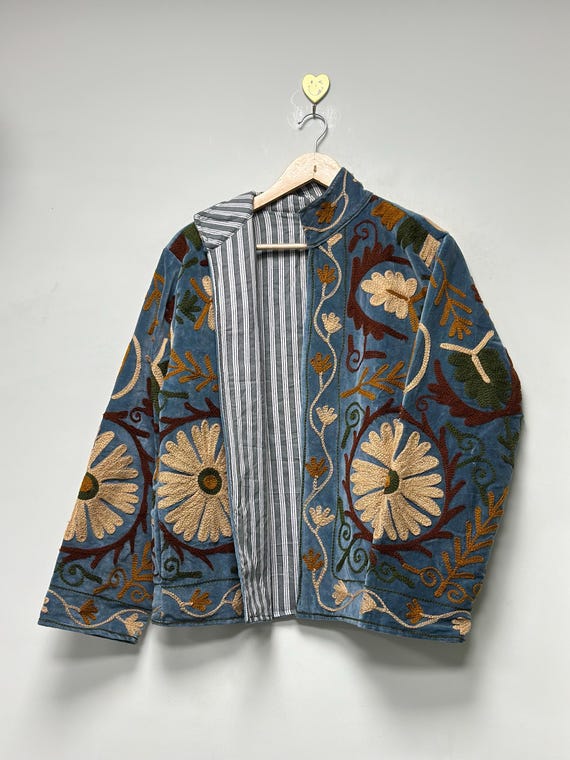 Velvet Suzani Embroidered Jacket Artisan Handmade Jacket Handcrafted Suzani Jacket Floral Design Boho Short Coat Gift For Her