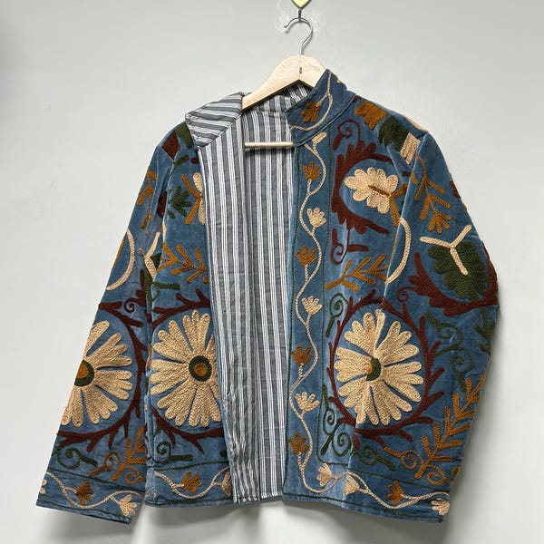 Velvet Suzani Embroidered Jacket Artisan Handmade Jacket Handcrafted Suzani Jacket Floral Design Boho Short Coat Gift For Her