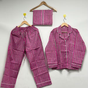 Pijama de algodón a rayas rosas, 100 % algodón, para hombre y mujer, hecho a mano.