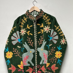 Handcrafted Boho Bunny Jacket Velvet Suzani Coat Rabbit Motif Folk Art Jacket Women Outerwear Artisan Made Traditional Embroidered Jacket image 4