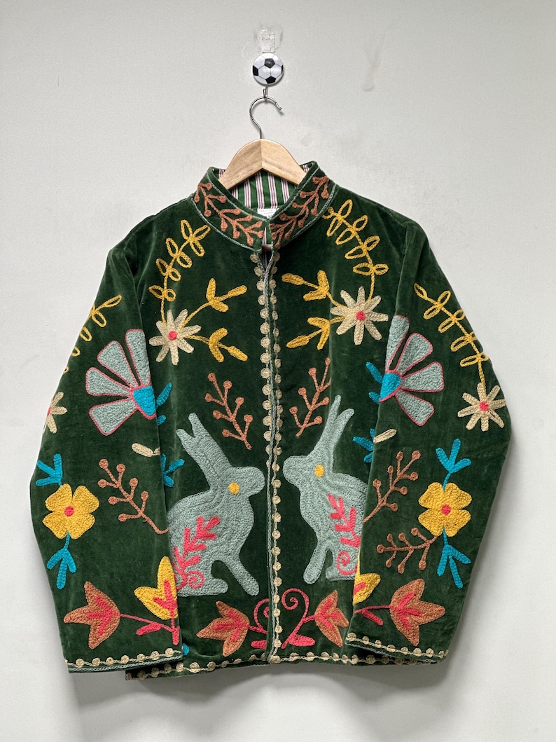 Handcrafted Boho Bunny Jacket Velvet Suzani Coat Rabbit Motif Folk Art Jacket Women Outerwear Artisan Made Traditional Embroidered Jacket image 4