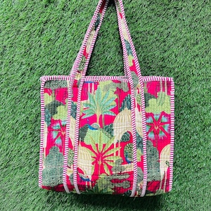 Handmade Quilted Cotton Tote Bag: Indian Print Shopping Bag Size 16x16 inch