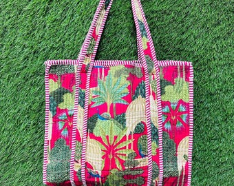 Handmade Quilted Cotton Tote Bag: Indian Print Shopping Bag Size 16x16 inch