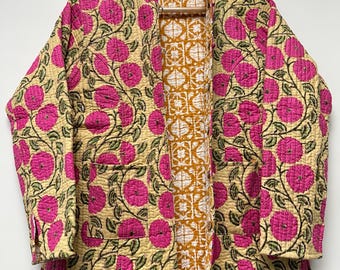 Handmade Reversible Cotton Quilted Jacket: Indian Block Print, Bohemian Floral