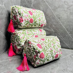 Lot de 3 trousses de toilette indiennes, trousse de voyage, trousse de maquillage, trousse de toilette matelassée, kit de rasage, ensemble de trousses de toilette matelassées
