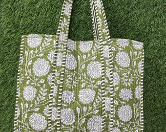 Handmade Quilted Cotton Tote Bag: Large Indian Travel Shoulder Bag