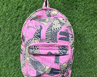 Mochila acolchada con estampado de bloques hecha a mano: mochila escolar de algodón