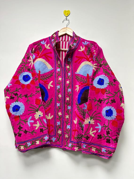Pink Velvet Suzani Jacket Hand Embroidered Floral Coat New Year Winter Coat Vintage Uzbek Suzani Gift For Her