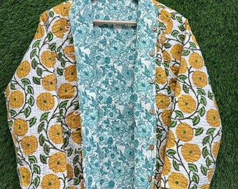 Boho Block Print Quilted Jacket, Reversible Vintage Coat