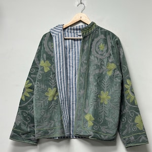 Green Hand Embroidered Velvet Suzani Jacket, Boho Cardigan Ethnic Boho Embroidered Outerwear Coat Suzani Jacket Gift For Her