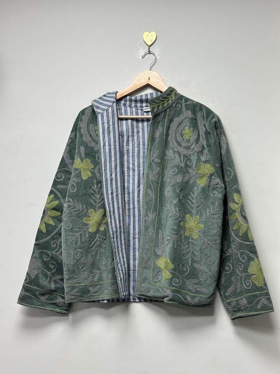 Green Hand Embroidered Velvet Suzani Jacket, Boho Cardigan Ethnic Boho Embroidered Outerwear Coat Suzani Jacket Gift For Her