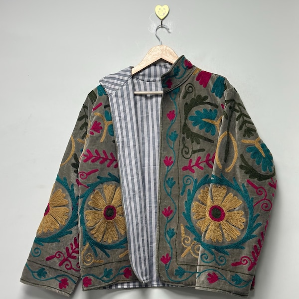 Velvet Hand Embroidered Suzani Jacket Boho Womens Suzani Short Velvet Jacket Floral Coat Gift for her