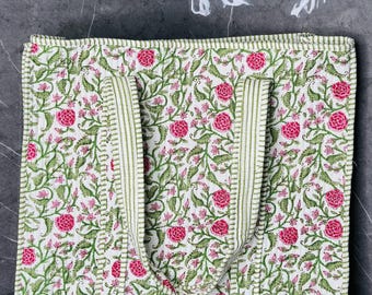Floral Print Quilted Cotton Tote Bag: Handmade Indian Travel Shoulder Bag