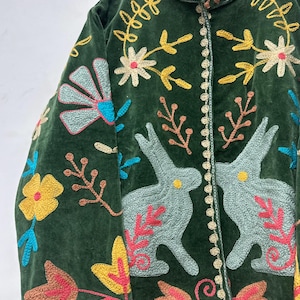 Handcrafted Boho Bunny Jacket Velvet Suzani Coat Rabbit Motif Folk Art Jacket Women Outerwear Artisan Made Traditional Embroidered Jacket image 2