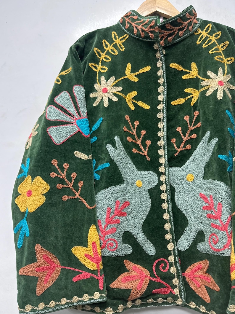 Handcrafted Boho Bunny Jacket Velvet Suzani Coat Rabbit Motif Folk Art Jacket Women Outerwear Artisan Made Traditional Embroidered Jacket image 2