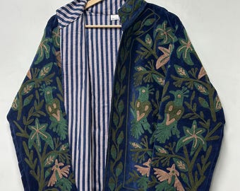 Hand Made Velvet Suzani Jacket Floral Design Boho Short Coat Women’s Winter Coat Uzbek Traditional Bird Embroidered Bohemian Outerwear Gift