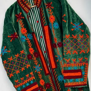 Green Velvet Suzani Long Coat Floral Embroidered Boho Outerwear Handmade Indian Winter Overcoat Statement Layering