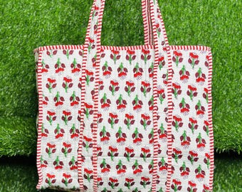 Handmade Quilted Cotton Tote Bag: Floral Print Travel Shoulder Bag
