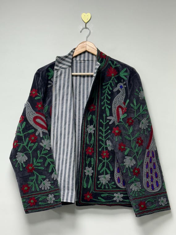Velvet Suzani Jacket Hand Embroidered Sujani Jacket Theme Coat Peacock Floral Ethnic Outerwear Festival Wear Gift For Women