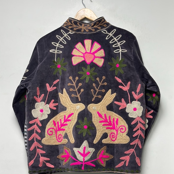 Hand Embroidered Velvet Suzani Jacket Women Boho Folk Art Jacket Floral Rabbit Coat Colorful Festival Wear Artisan Jacket Gift For Her