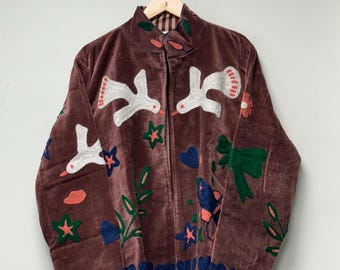 Hand Made Velvet Suzani Jacket, Homing pigeon Embroidery Jacket, Pure Velvet Off White Jacket, Womens Jacket