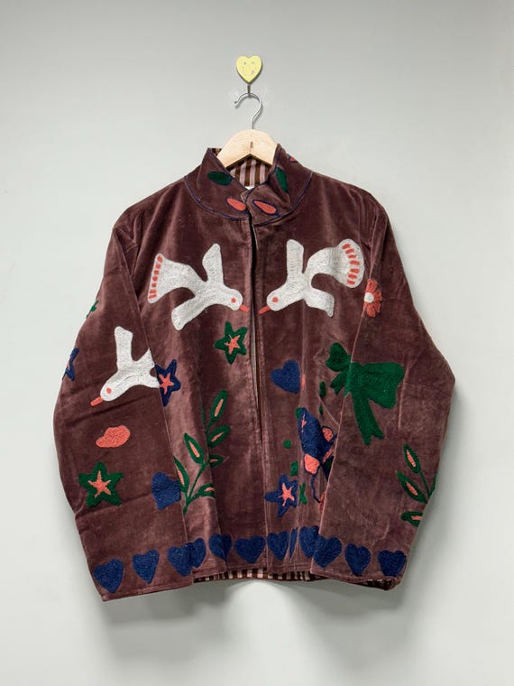Hand Made Velvet Suzani Jacket, Homing pigeon Embroidery Jacket, Pure Velvet Off White Jacket, Womens Jacket