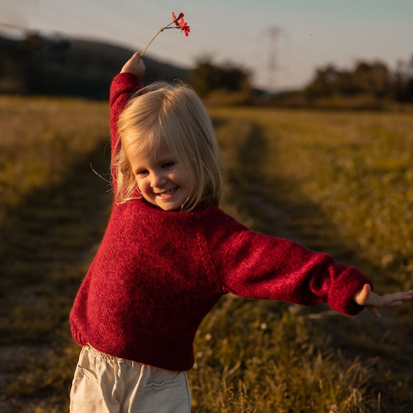 PRÊT À EXPÉDIER 6-8 ans - pull tricoté à la main héritage. Pull en laine naturelle. Pull fait main en baby alpaga et soie rouge.