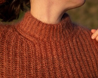 READY TO SHIP Mohair and silk hand knitted heirloom women's brioche pullover . Fisherman's rib sweater.