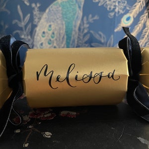 Gold with black ribbon Christmas Crackers, personalised, fill your own, calligraphy