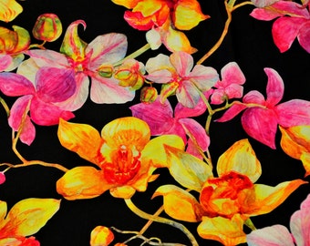 Orchid flower printed crepe fabric, Bright pink, Yellow orchids print