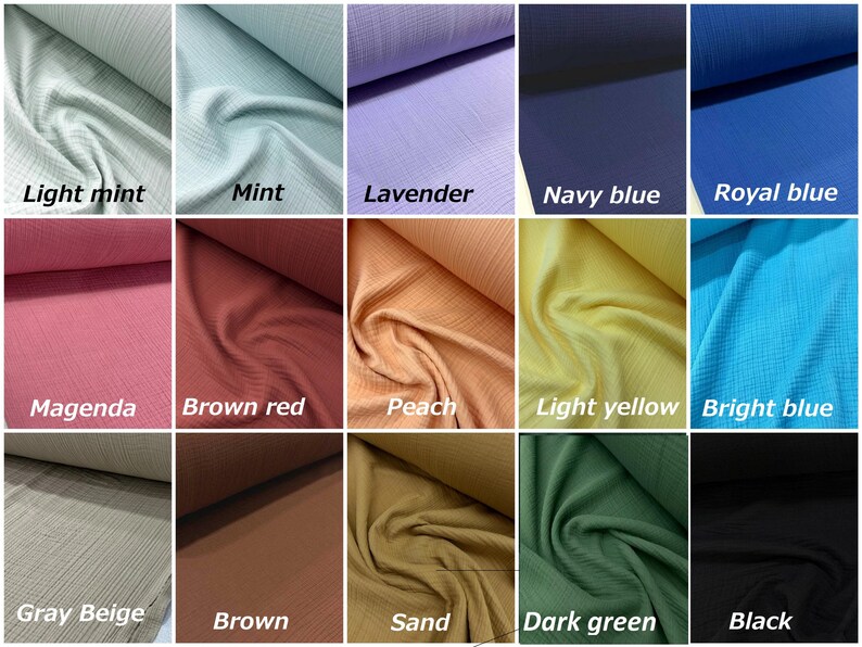 Puede incluir: Una colecci&oacute;n de 15 muestras de tela en varios colores, incluyendo menta clara, menta, lavanda, azul marino, azul real, magenta, rojo marr&oacute;n, melocot&oacute;n, amarillo claro, azul brillante, beige gris, marr&oacute;n, arena, verde oscuro y negro.
