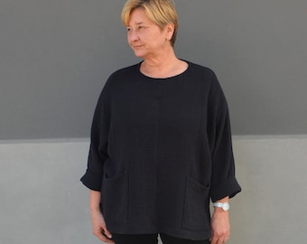 Plus size kimono top, Cotton jumper with pockets, Black muslin top