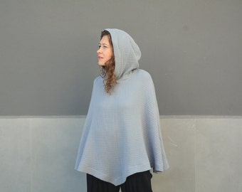 Capa poncho con capucha, Capa de algodón con capucha para los hombros, Gasa doble para mujer