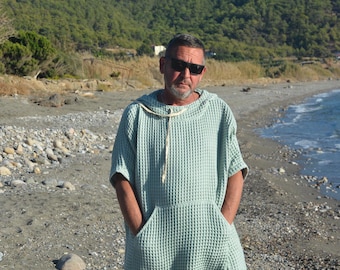 Men poncho surf,  Changing robe, Bathrobe waffle cotton