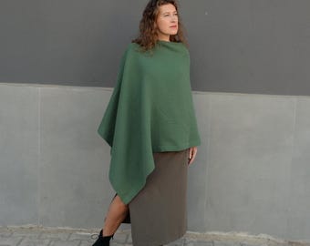 Dark green triangle cotton muslin poncho sweater for women,