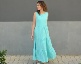 Vestido largo romántico con capas, vestido largo de verano con volantes en color menta para mujer