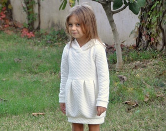 Winter off white hoodie sweater dress for toddler, Girls quilted outfits hooded