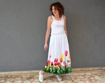 Peasant floral summer skirt with colorful flower tulip print