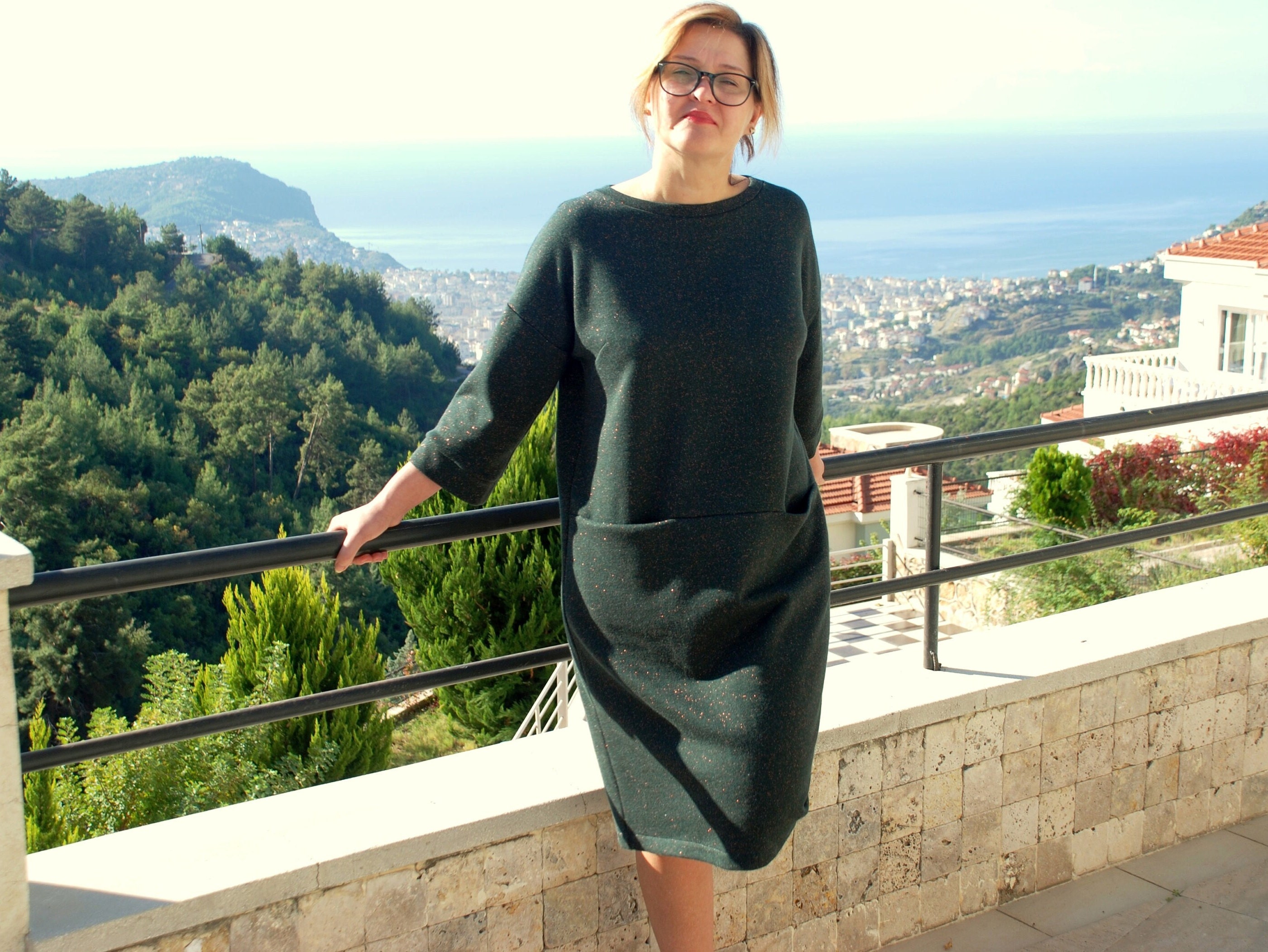 Vestido jersey color esmeralda, vestido verde oversize de invierno