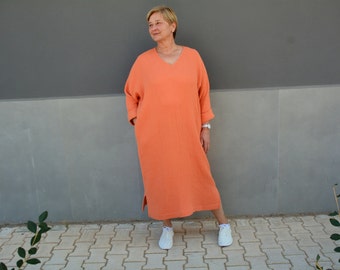 Plus size double gauze kimono maxi dress, Muslin boho tunic jumper