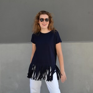 Fringed blouse top with tassel hem for women