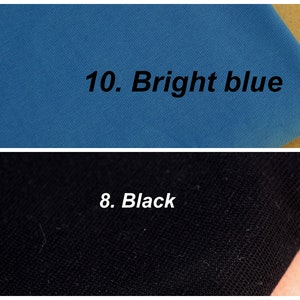 Puede incluir: Dos muestras de tela, una azul brillante y otra negra. Las muestras est&aacute;n etiquetadas con n&uacute;meros y nombres de colores: 10. Azul brillante y 8. Negro.