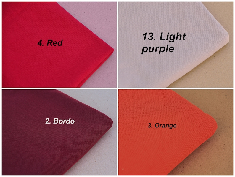Puede incluir: Cuatro muestras de tela en diferentes colores: rojo, burdeos, naranja y morado claro. Las muestras est&aacute;n etiquetadas con n&uacute;meros y nombres de colores.